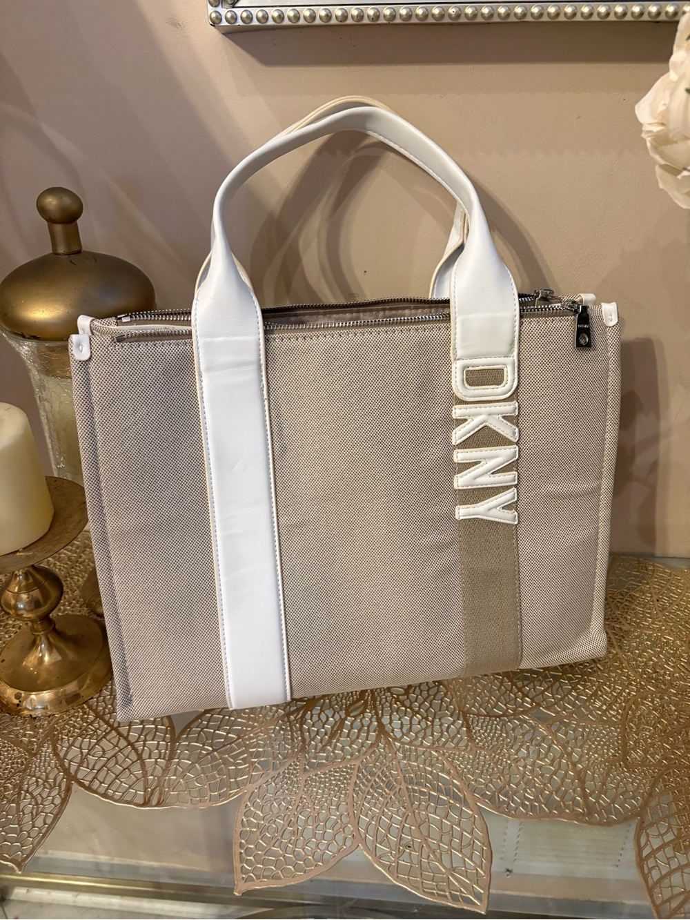 DKNY Taupe Canvas Laptop Tote with White Handles